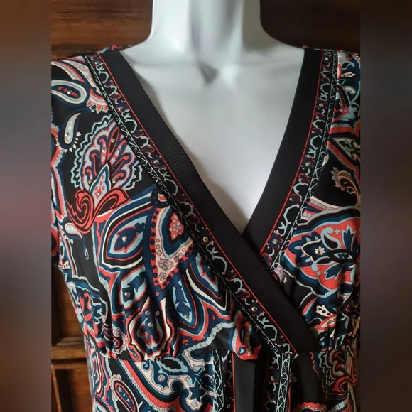 INC Wrap V Neck Cap Sleeve Embellished Paisley Print Knee Length Stretch Size L - Picture 2 of 7